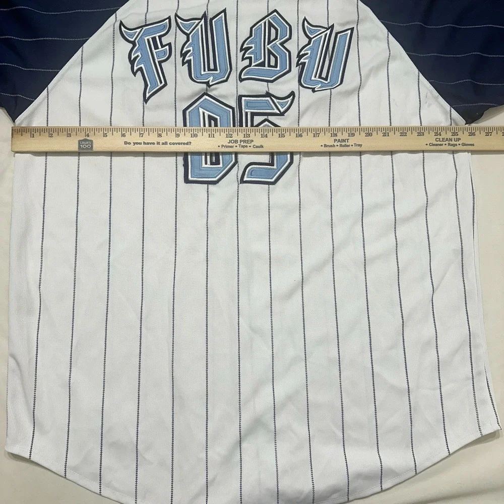 FUBU‎ Baseball Jersey XL White Pinstripe Y2K Button Front Hip Hop 2000s